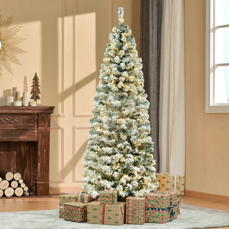 image 1 of HOMCOM 6FT Prelit Snow Flocked Christmas Tree w/ Light, Xmas Decoration Green