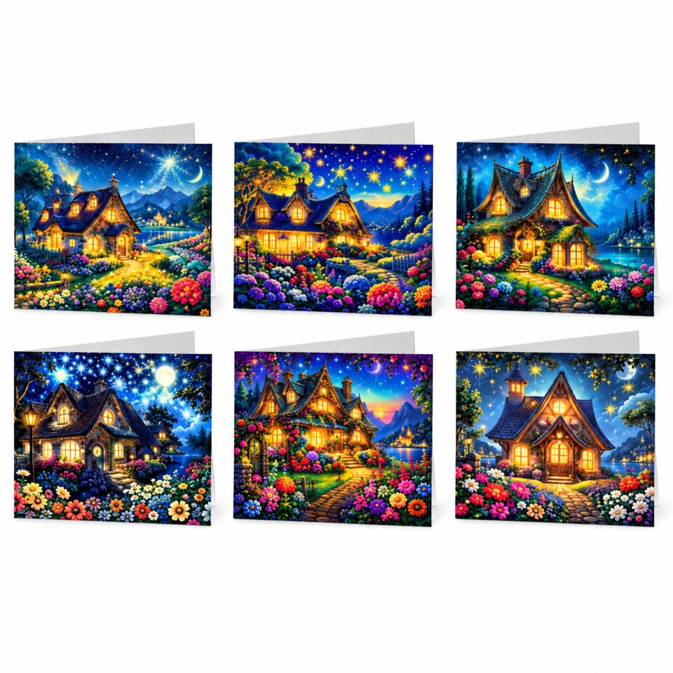 image 1 of Colourful Festive House Diamond Painting Christmas Card Kit, Pack of 6