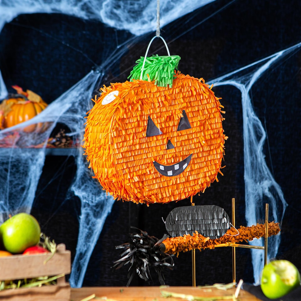 image 1 of Pinatas Halloween Pumpkin Cardboard Pinata, Stick and Blindfold Set - W35cm x D10cm x H35.5cm - Orange