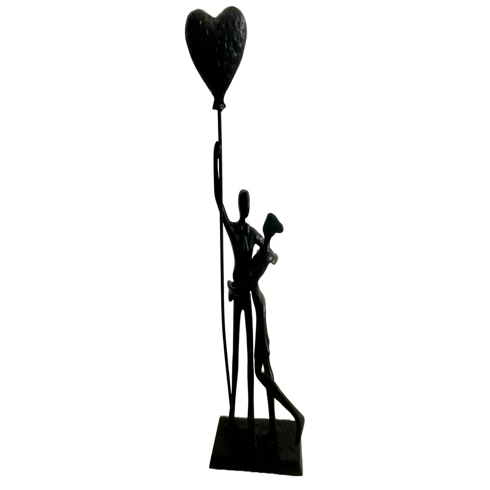 image 1 of Bound by Love Cast Iron Sculpture Couple Embracing Holding a Heart Baloon Shadow Art Metal Decor Lovers Valentine's Day Gift Anniversary Housewarming Present