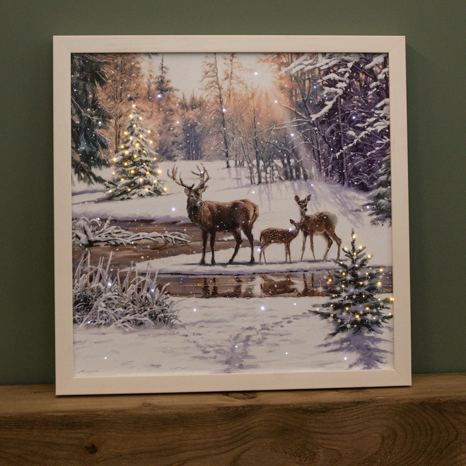image 1 of Battery Operated 40cm x 40cm Light up Family of Deers Christmas Canvas with LEDs