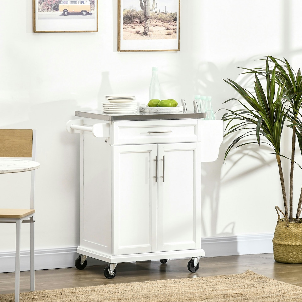 image 1 of HOMCOM Rolling Kitchen Cart Storage Trolley with Drawer Towel Rail Steel White