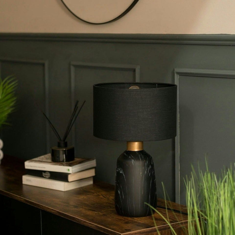 image 1 of ValueLights Modern Copper Caped Black Marble Effect Table Lamp With Black Drum Shade