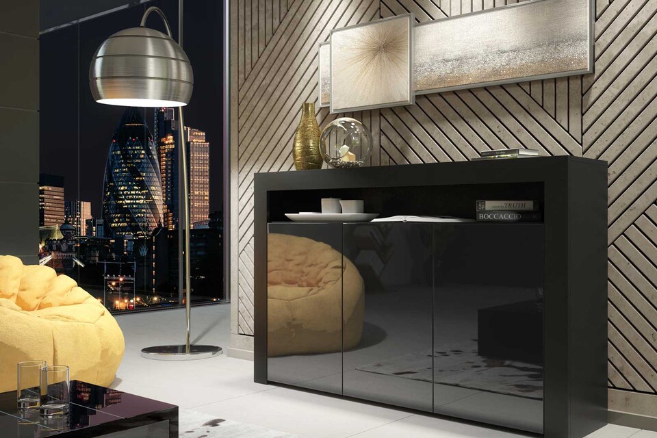 image 1 of TV Unit TV Stand Sideboard Storage Cabinet Cupboard Black High Gloss 155cm