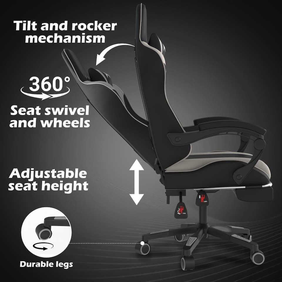 image 1 of Alivio Ergonomic Gaming Chair with Massage Lumbar Cushion & Retractable Footrest, PU Leather Video Game Chair (Grey)