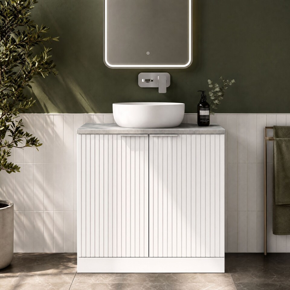 image 1 of Balterley Callingwood Contemporary Floor Standing 2 Door Vanity Unit with Bellato Grey Laminate Worktop , 800mm, Matt White