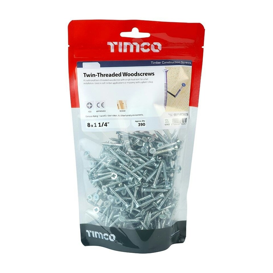 image 1 of Timco - Twin-Thread Woodscrews - PZ - Double Countersunk - Zinc (Size 8 x 1 1/4 - 390 Pieces)