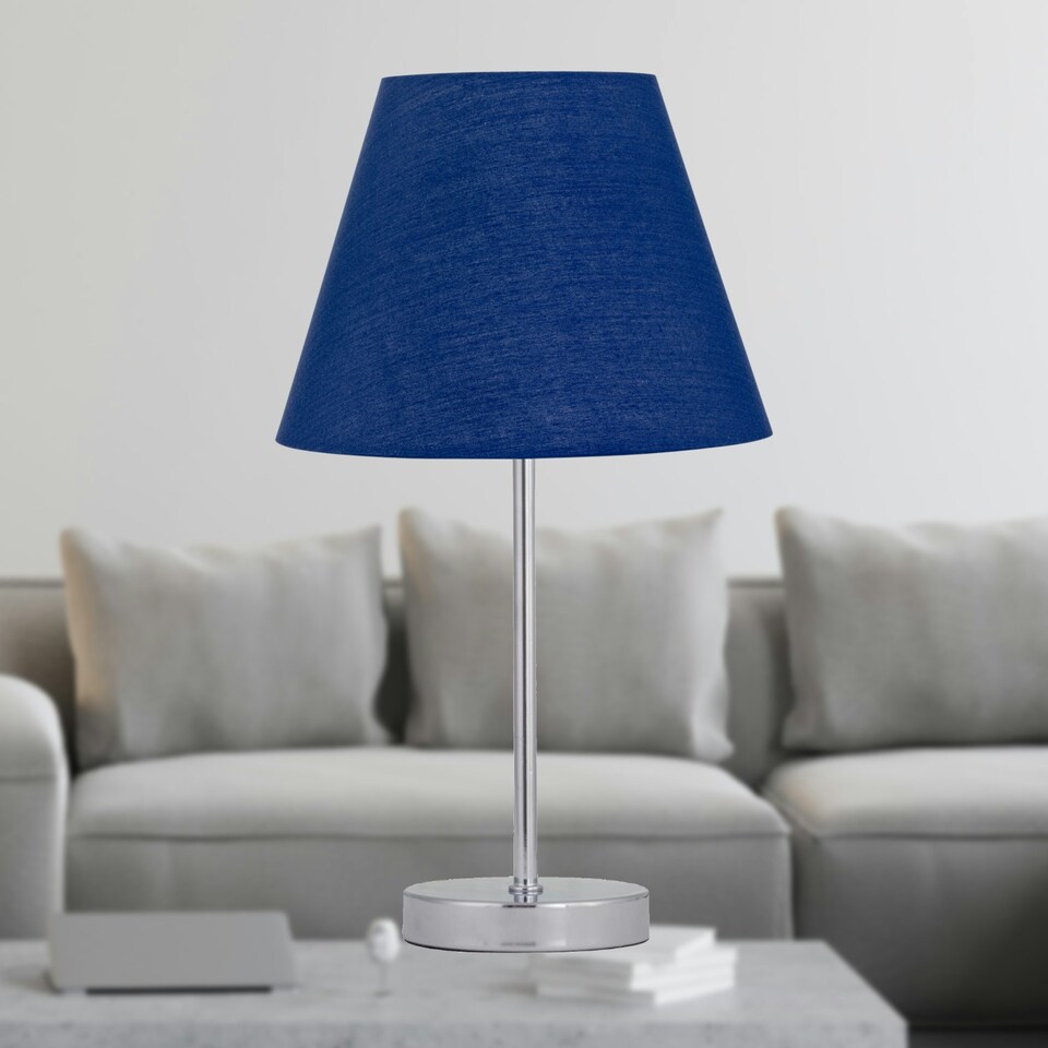 image 1 of Chrome Stick Table Lamp with Navy Blue Fabric Shade Chrome | Blue