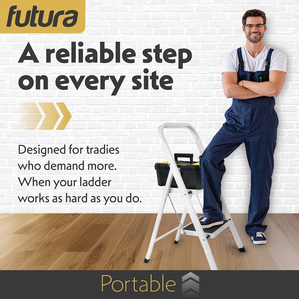image 1 of Futura 2 Step Ladder White, Heavy-Duty Steel Folding Home DIY Step Stool with Wide Non-Slip Steps & Anti Slip Feet 150kg Capacity