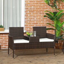 Outsunny 2 Seat Rattan Garden Bench, Patio Wicker Chair with Glass Tea Table, Outdoor Love Seat with Padded Cushions, for Garden, Porch, Brown/Cream White | Brown