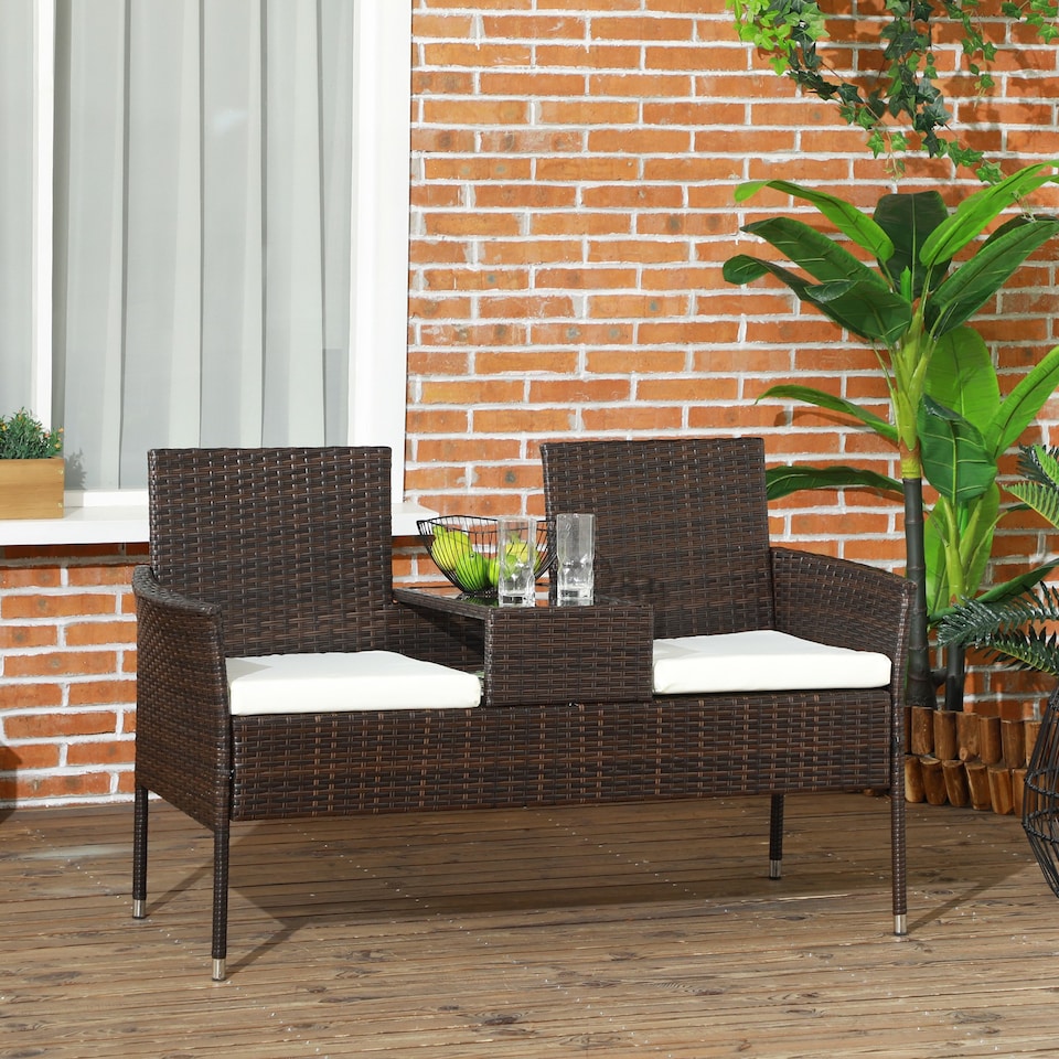 image 1 of Outsunny 2 Seat Rattan Garden Bench, Patio Wicker Chair with Glass Tea Table, Outdoor Love Seat with Padded Cushions, for Garden, Porch, Brown/Cream White | Brown
