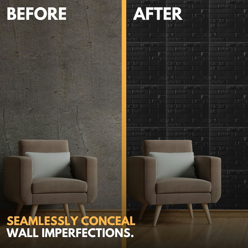 image 1 of NOVECRAFTO Brick Effect 3D Wall Panels – 6 Sheets Covering 1.5m² | 16.15ft² Interior Cladding Set | Urban Brick Design – Each Panel 50x50cm Urban Brick Black