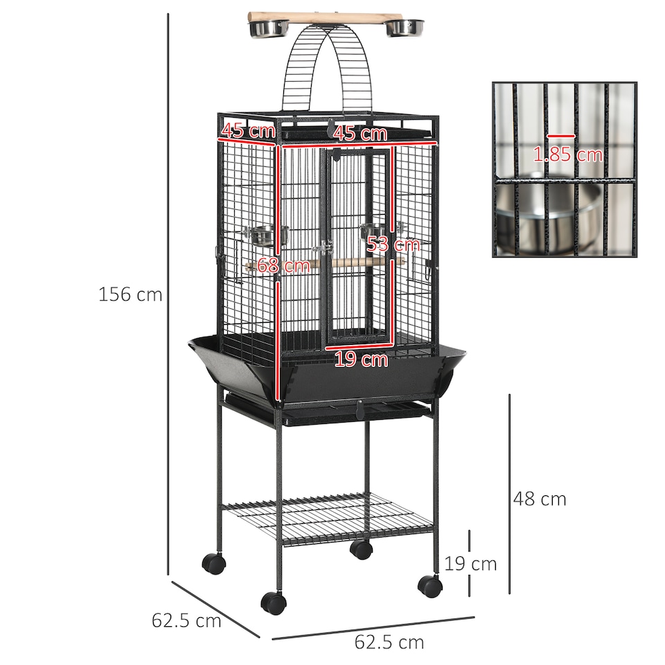image 1 of PawHut 156cm Bird Cage,Large Parrot Cage with Open Play Top, Perch, Seed Guard, Wheels, Storage Shelf for Budgie, Cockatiel, Conure, Lovebird, Dark Grey