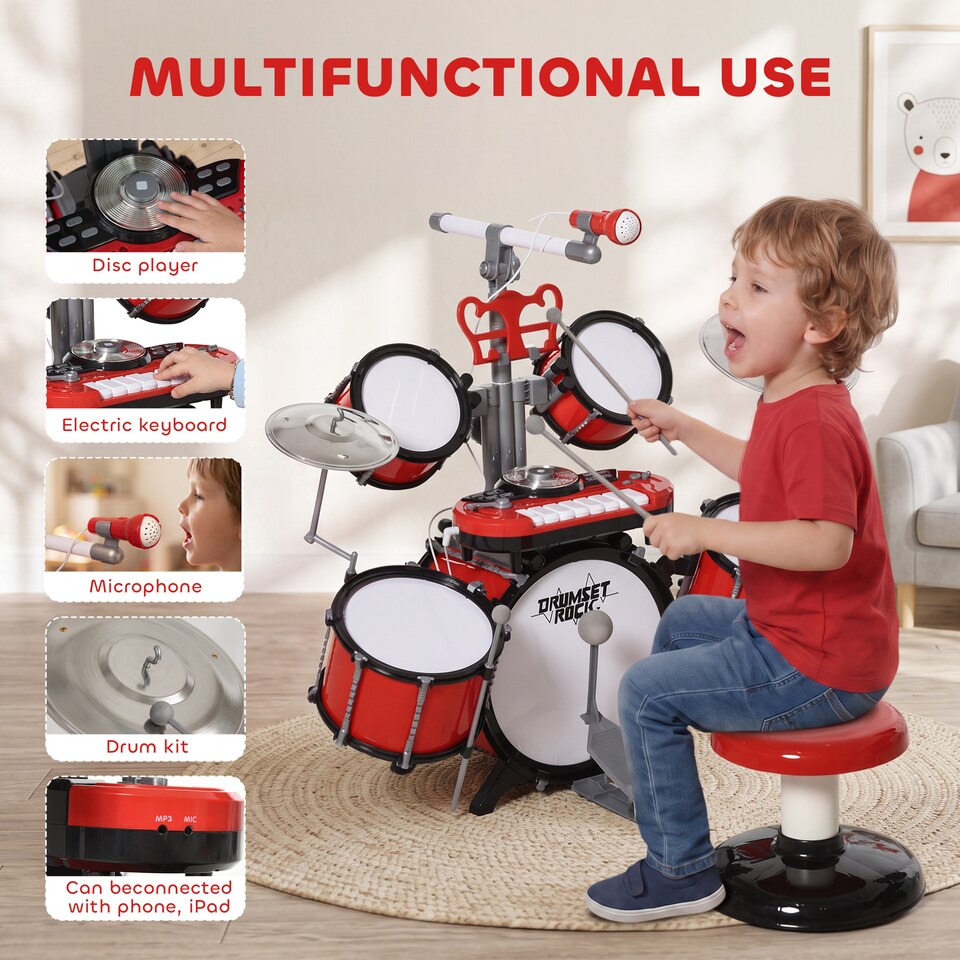 image 1 of HOMCOM Kids Drum Set for Beginners with Stool, Educational Musical Toy, Red