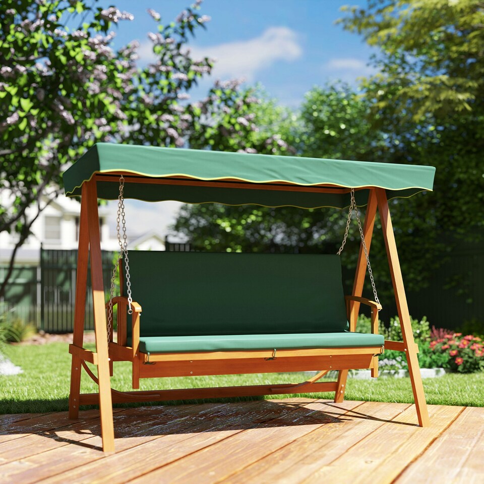 image 1 of Outsunny 3-Seater 2-in-1 Wooden Swing/Hammock Bench, Dark Green Green | Green