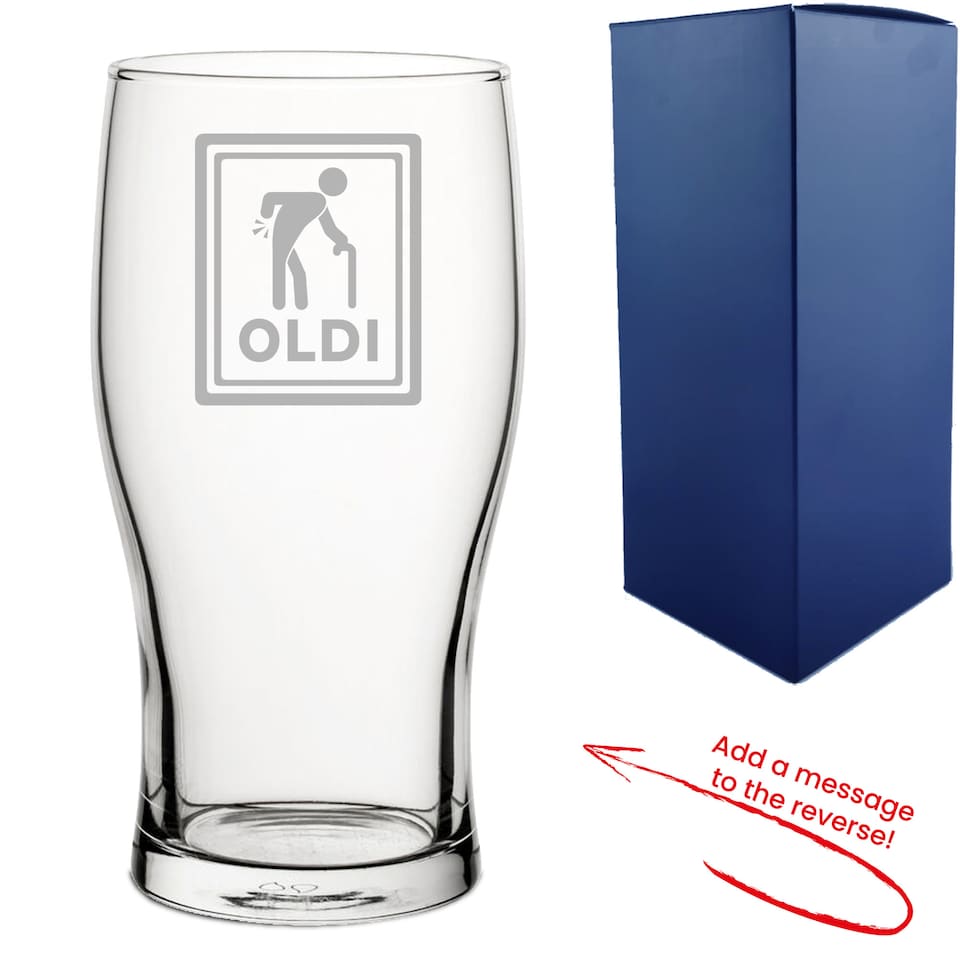 image 1 of Personalised Engraved Pint Glass Oldi Design Reverse Message