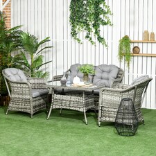 Outsunny 4 Pieces Rattan Garden Furniture Set, Round Wicker Garden Sofa Set with Loveseat, Armchairs and Glass Top Table, Outdoor Conservatory Furniture with Cushions for Patio, Balcony, Grey