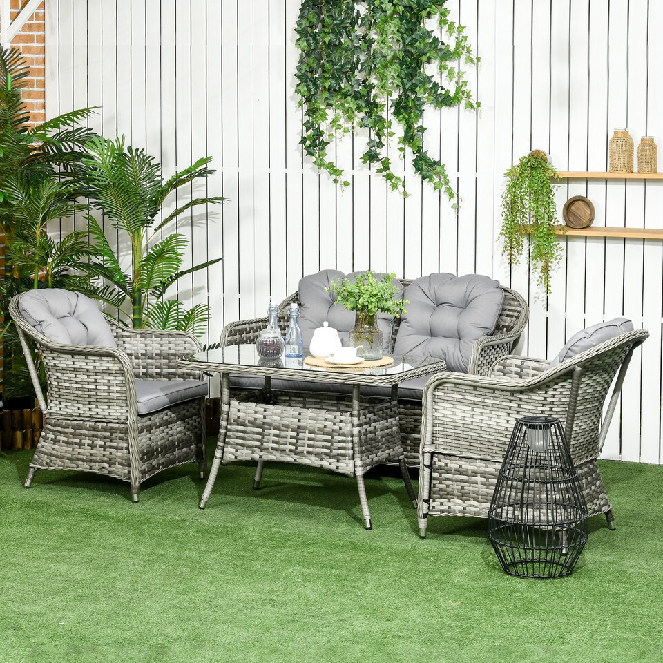 image 1 of Outsunny 4 Pieces Rattan Garden Furniture Set, Round Wicker Garden Sofa Set with Loveseat, Armchairs and Glass Top Table, Outdoor Conservatory Furniture with Cushions for Patio, Balcony, Grey