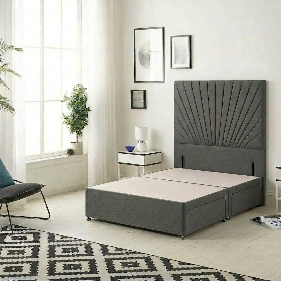 image 1 of Sunburst Divan Bed with 2 Drawers & 54'' Floor Standing Headboard Tweed Fabric | Grey | Charcoal