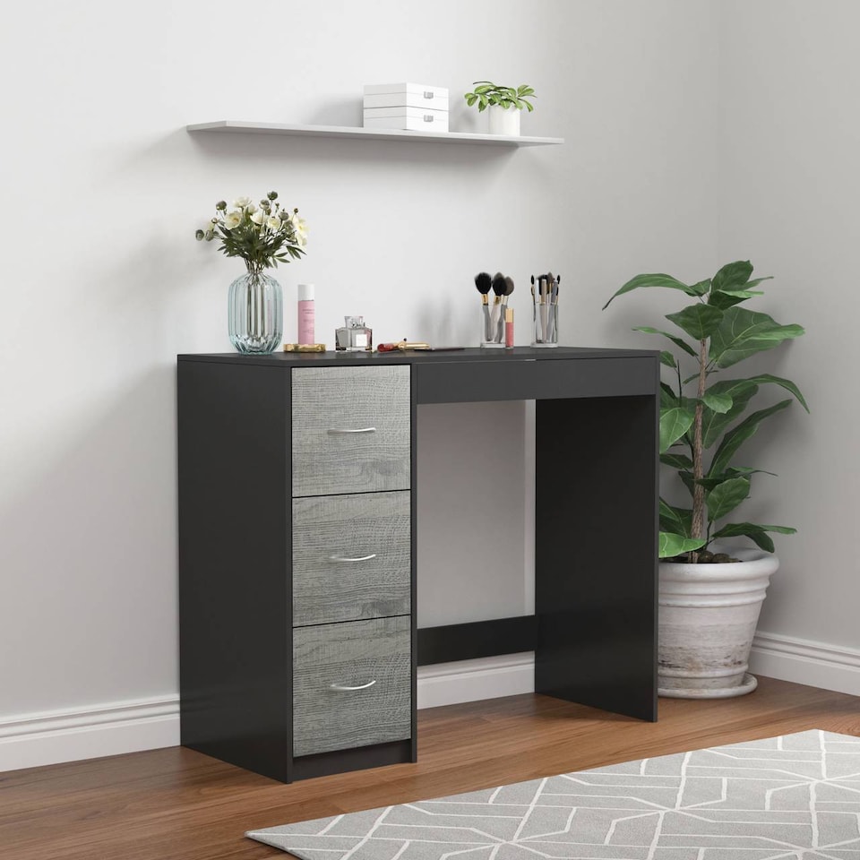 image 1 of 3-Drawer Wooden Desk and Dressing Table - Multi-Functional, 79.5x93x40 cm | Black | Black & Ash Grey | 22.5 x 43.5 x 98.5 | 1