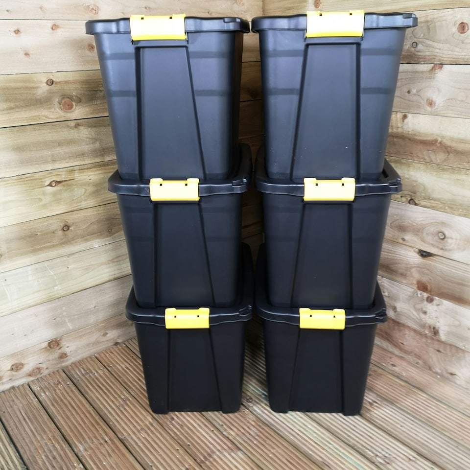 image 1 of 6 x 60L Heavy Duty Storage Tubs Sturdy, Lockable, Stackable and Nestable Design Storage Chests with Clips in Black
