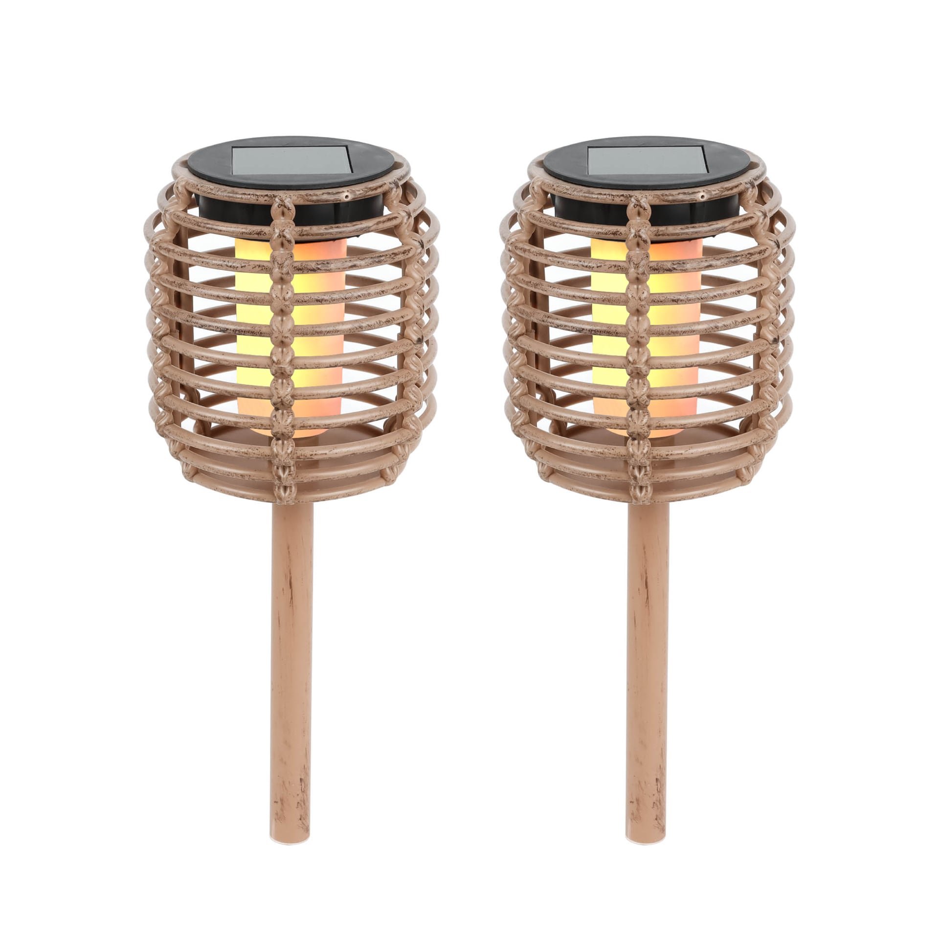 Gardenwize Pack of 2 Solar Rattan Effect Stake Lights, Warm White in Beige