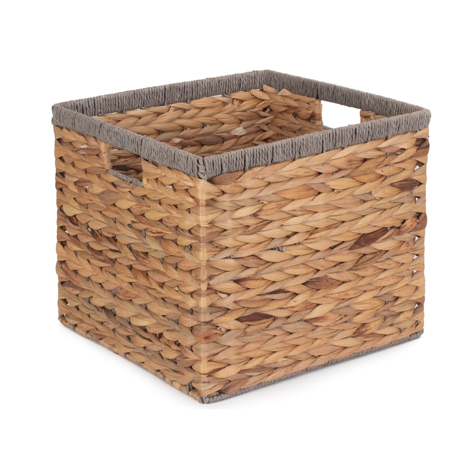 image 1 of Small Square Water Hyacinth With Grey Rope Border Storage Basket | Brown | Brown