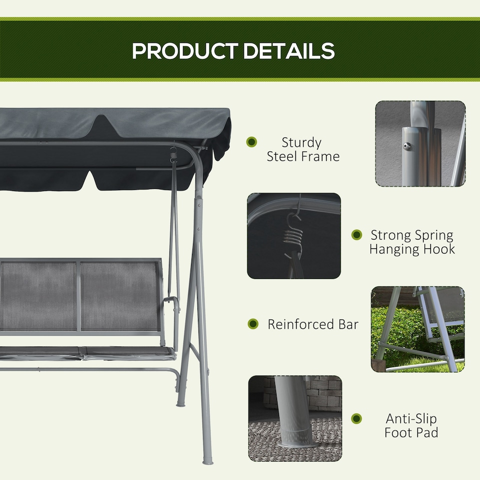 image 1 of Outsunny 3 Seater Swing Chair, Garden Swing Bench with Adjustable Tilting Canopy, Breathable Mesh Seat and Heavy Duty Metal Frame for Patio, Garden | Grey