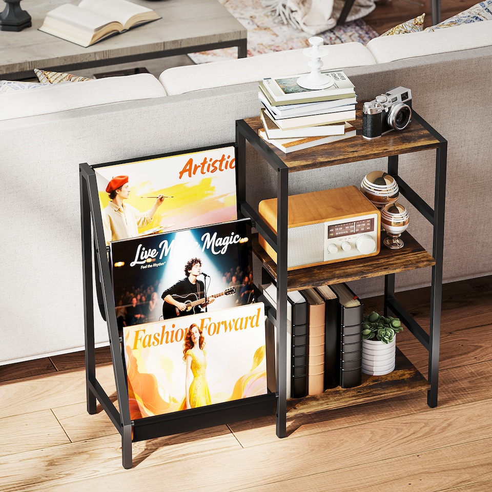 image 1 of HOMCOM Record Player Stand, 3-Tier Side Table with Vinyl Record Storage, End Table with 3 Oxford Cloth Magazine Racks for Living Room, Bedroom, Rustic Brown | Brown