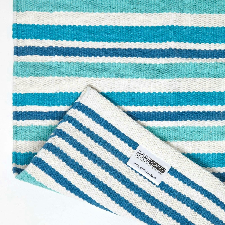 image 1 of Homescapes Modern Blue Scandinavian Style Striped Cotton Rug - 120 x 180 cm | Blue | Aqua