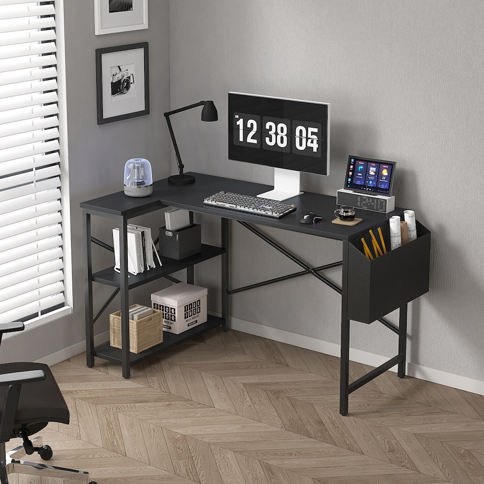 image 1 of MCC Direct Computer Desk L Shaped Corner Desk with Adjustable shelves - Lotus 120cm Black | Black