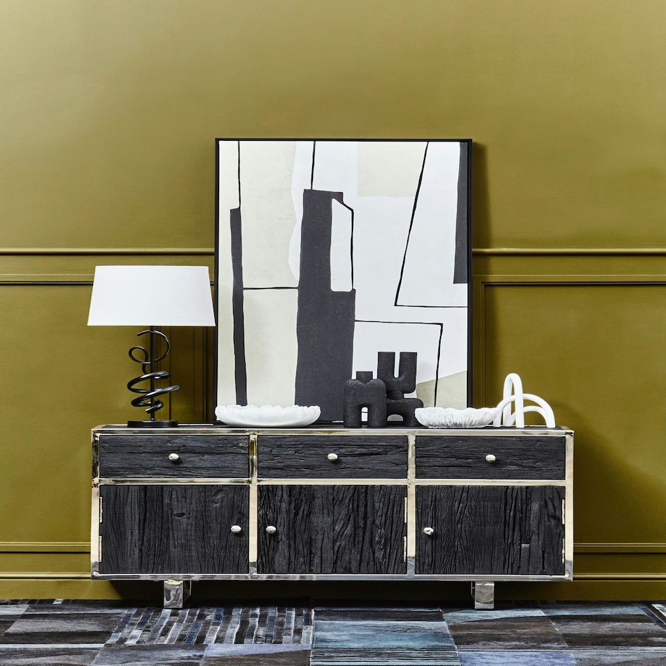 image 1 of Interiors by Premier Black Sideboard, Matte Black 3‑Door Buffet Storage Unit, Contemporary Wooden Sideboard for Dining Room Black