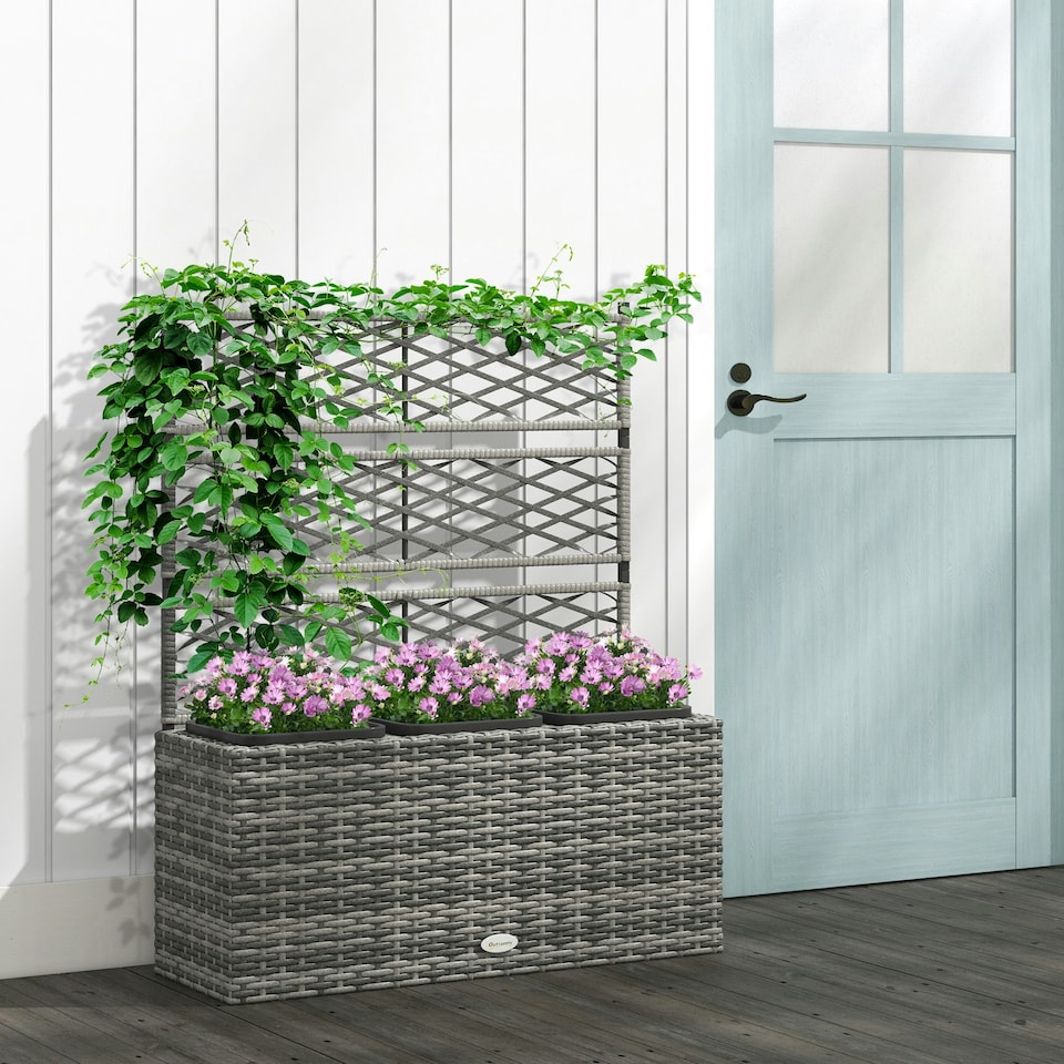 image 1 of Outsunny Garden PE Rattan Planter Box w/ Trellis Flower Raised Bed, 57x30x107cm