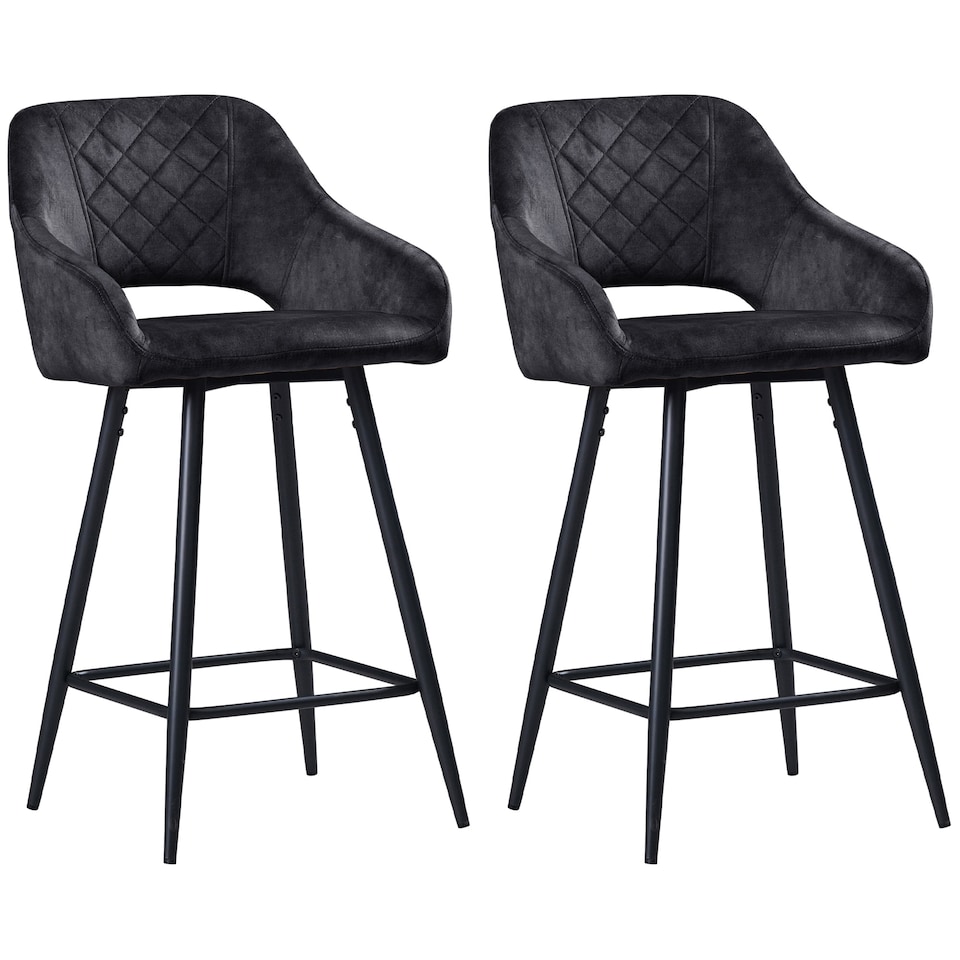 image 1 of HOMCOM Bar Stools Set of 2, Velvet-Touch Fabric Counter Height Bar Chairs, Kitchen Stools with Steel Legs for Dining Area, Kitchen Island Barstools, Dark Grey