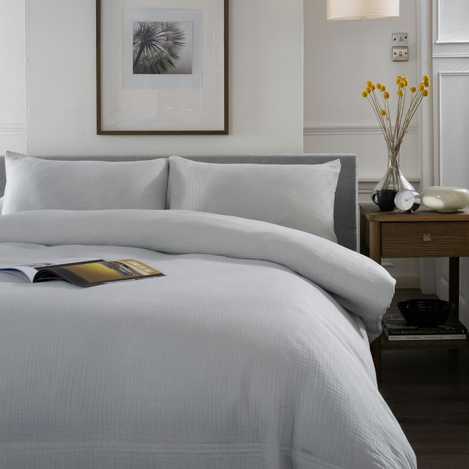 image 1 of St Quentin 100% Cotton Double Gauze Duvet Cover Set - Soft & Breathable Bedding - 180 Thread Count Grey | Grey | Double