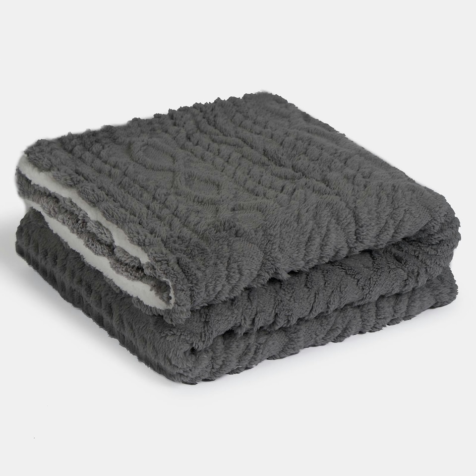 image 1 of OHS Cable Knit Sherpa Texture Blanket Throw, 130x160cm - Grey