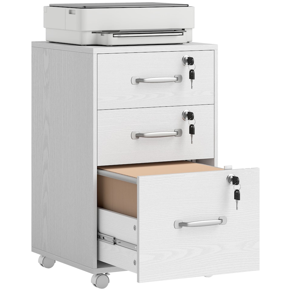 image 1 of HOMCOM Mobile Filing Cabinet with 3 Drawers and Wheels, Lockable Rolling Under Desk Drawers for A4 and Letter Sized Hanging File Holders, Printer Stand for Home Office, White | White | White