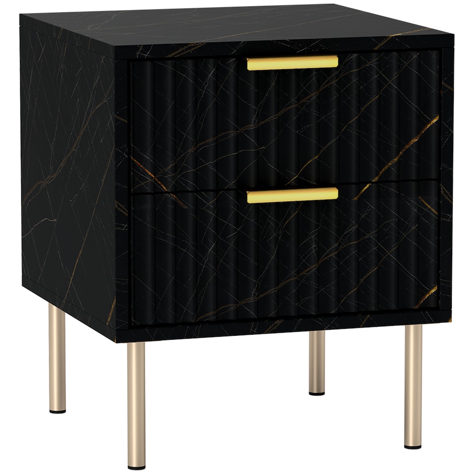 image 1 of HOMCOM Marble Pattern Bedside Table, Fluted Bedside Cabinet with 2 Drawers, Side End Table with Steel Legs for Bedroom, Black | Black