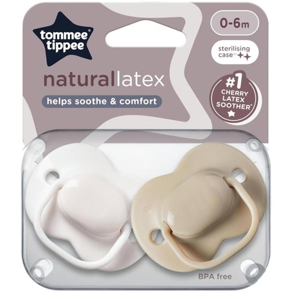 Tommee Tippee Natural Latex Cherry Soothers 2 Pack | BPA Free Baby Dummies with Cherry Shaped Teat & Steriliser Pod | Natural Latex Soothers for Newborns