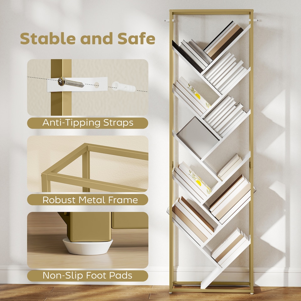 image 1 of HOMCOM Tree Bookshelf, 10 Tier Floor Standing Bookcase, Modern Tall Display Storage Shelving Unit for Living Room, Home Office, Bedroom, White and Gold Tone | White | White and Gold Tone