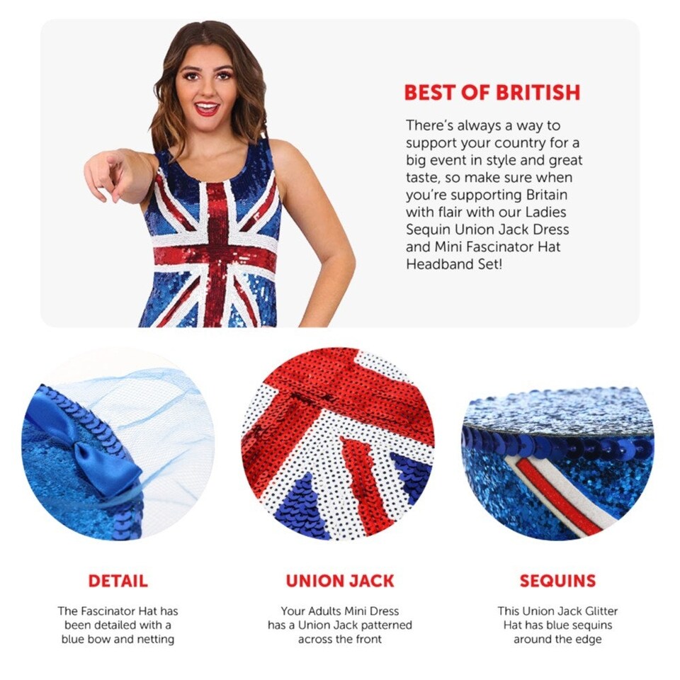 image 1 of Union Jack Sequin Dress & Fascinator Hat Headband Blue | XL