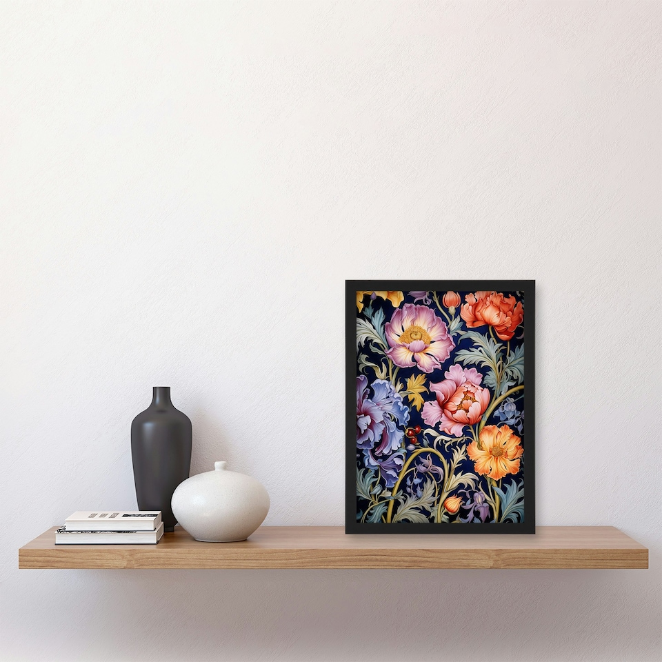 image 1 of Modern William Morris Style Elegant Anemone Black Framed Wall Art Print A4