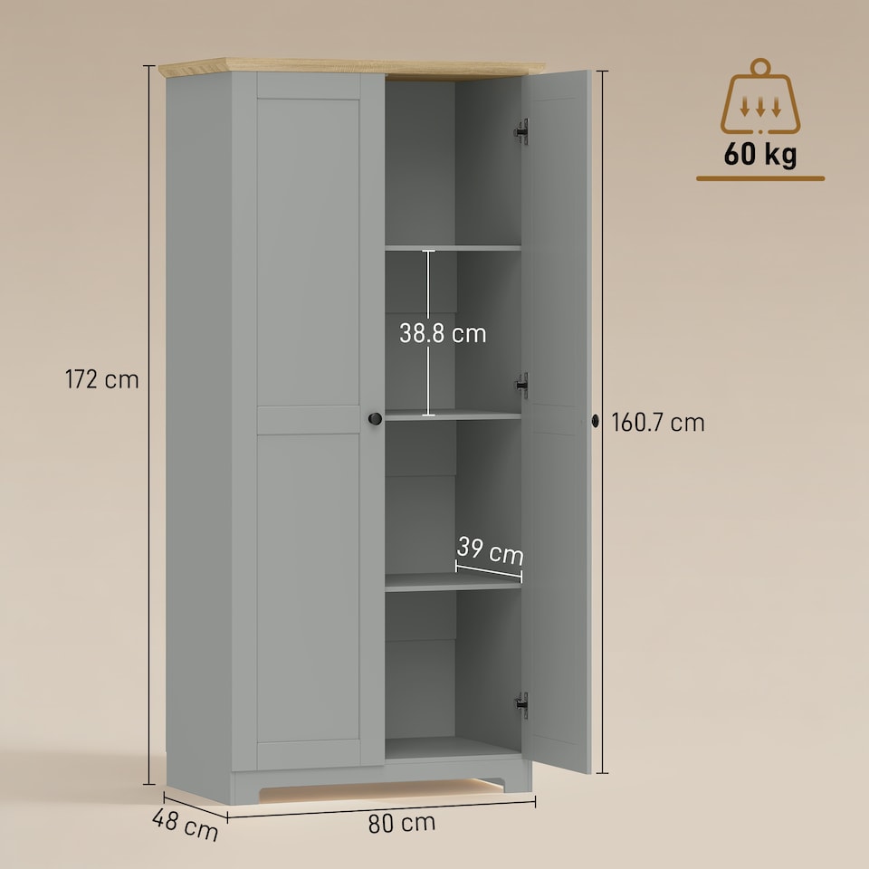 image 1 of HOMCOM 172cm Wooden Storage Cabinet Cupboard With 4 Shelves | Grey | Grey | 80 x 48 x 172 cm