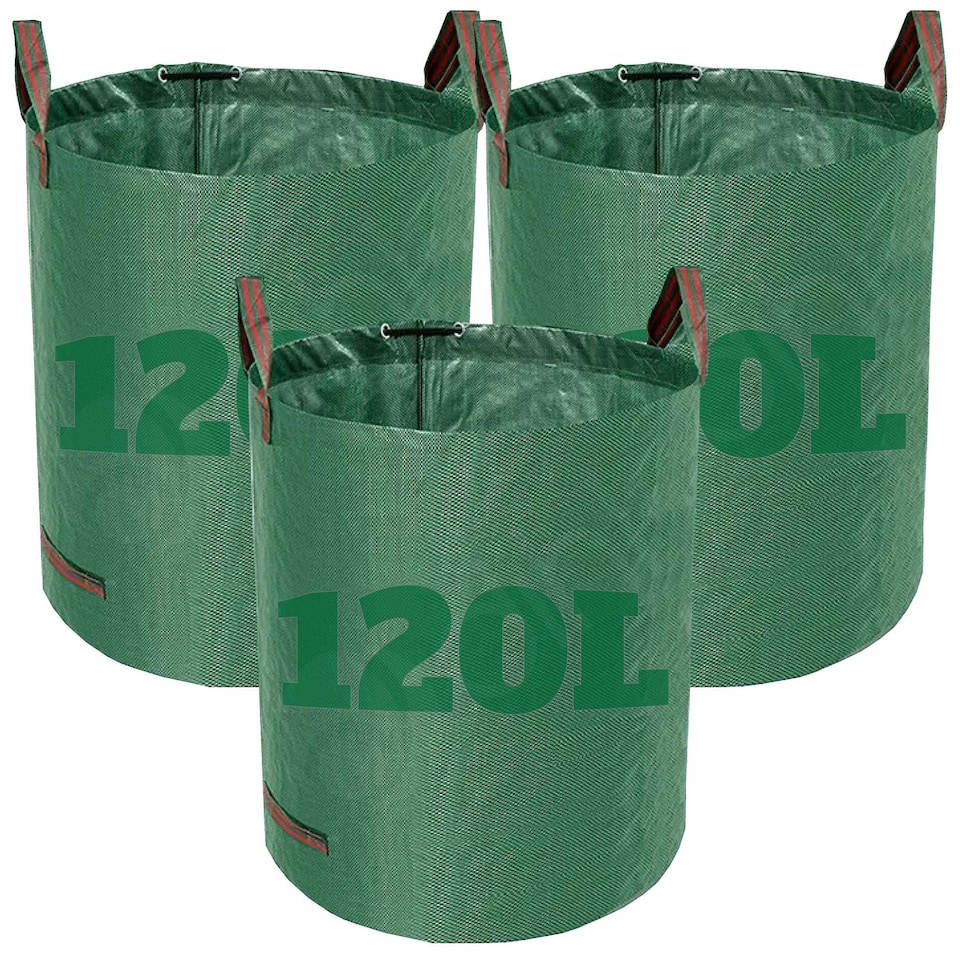 image 1 of Dihl 3x 120 Litre Heavy Duty Garden Waste Bags, Reusable Rubbish Sacks with Upper and Side Handles, 45cm x 76 cm, Green, Woven Polypropylene. For Waste, Grass, Leaves and More. Pack of 3