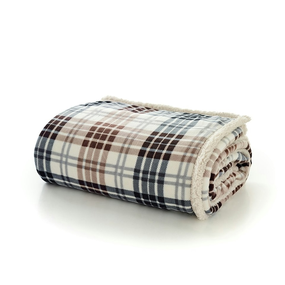 image 1 of Balwin Tartan Navy & Choco Check Flannel Throw with Sherpa Reverse – 140x180cm Multi | Navy & Choco