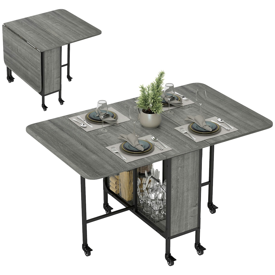 image 1 of HOMCOM Mobile Drop Leaf Dining Table on Wheels with Storage Shelf Grey