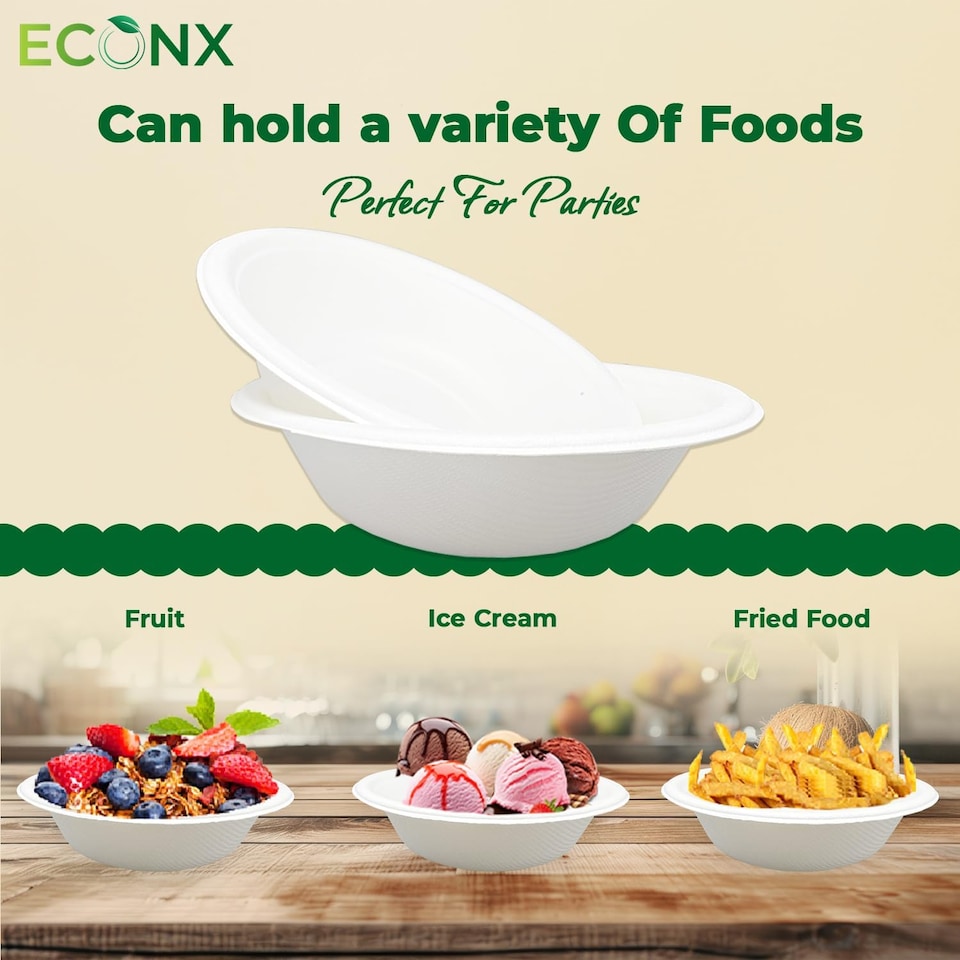 image 1 of ECONX 50Pcs Biodegradable Bagasse Bowls 12oz White Sugarcane Disposable Bowl