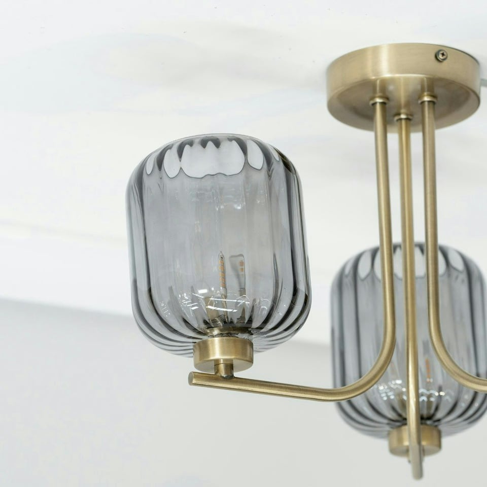 image 1 of ValueLights Amelie 3 Way Ribbed Glass Gold Ceiling Pendant Light with LED Bulbs