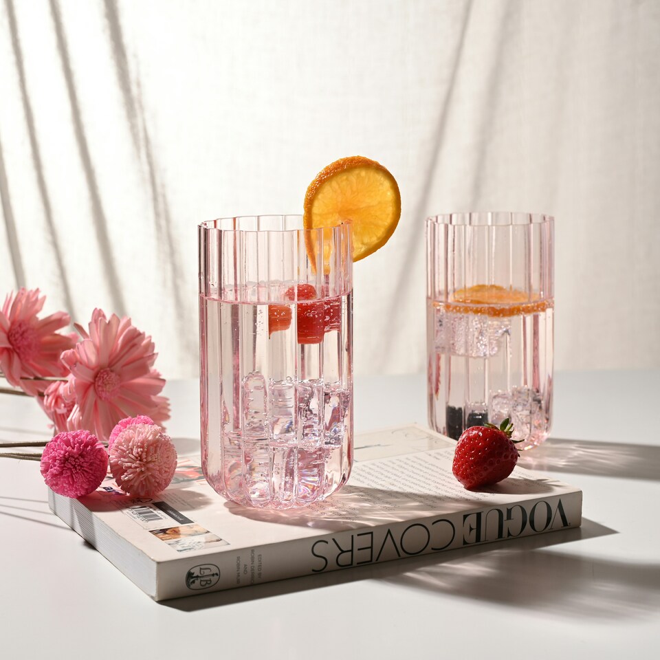image 1 of Set Of 2 Hestia Bright Pink Scalloped Glass Tumblers - Large