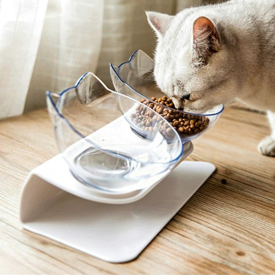 image 1 of Living and Home 15° Tilted Elevated Feeder with Double Cat Bowls, Transparent | White